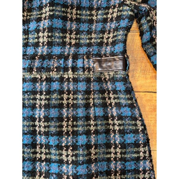 Womens Steve Madden Blue Plaid Tweed Belted Faux Leather Trim Buttons Coat L - Picture 11 of 12